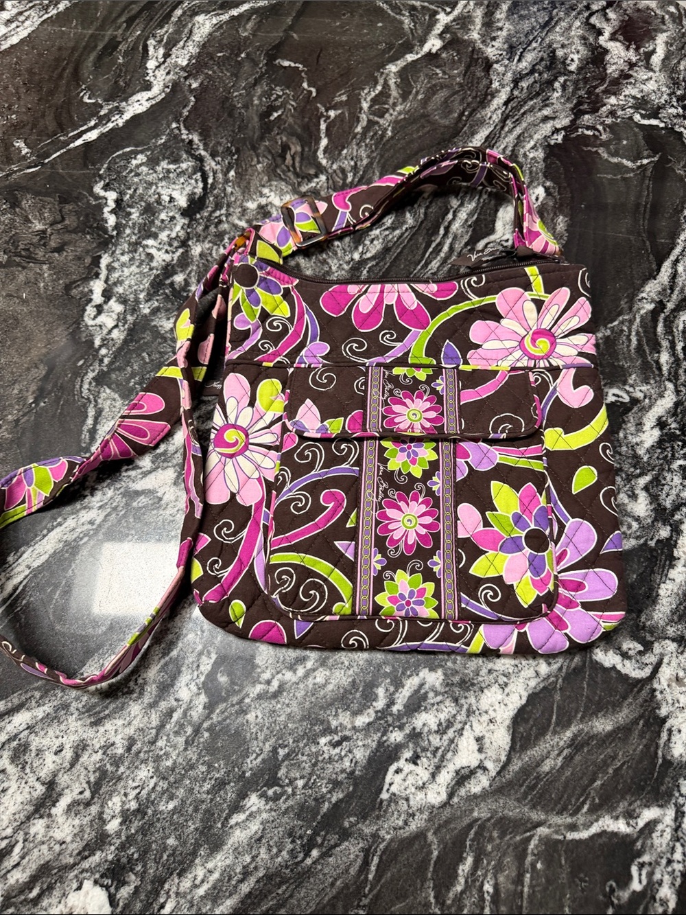 Vera Bradley Brown Crossbody with Pink, Purple & Lime Floral Print